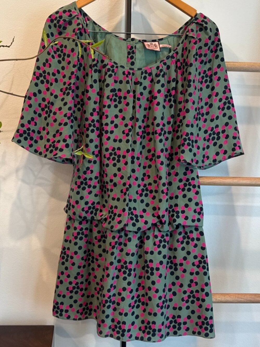 Juicy Couture Polka Dot Dress Size 4 Green Pink Flowy Casual Mini Dress